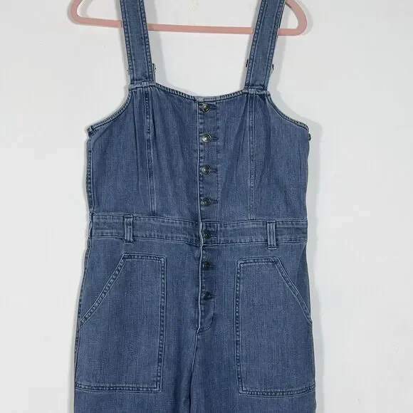 Aerie Denim Kick Flare Overalls Wide Leg Jumpsuit Womens Sz L Blue Button Front - Picture 3 of 16